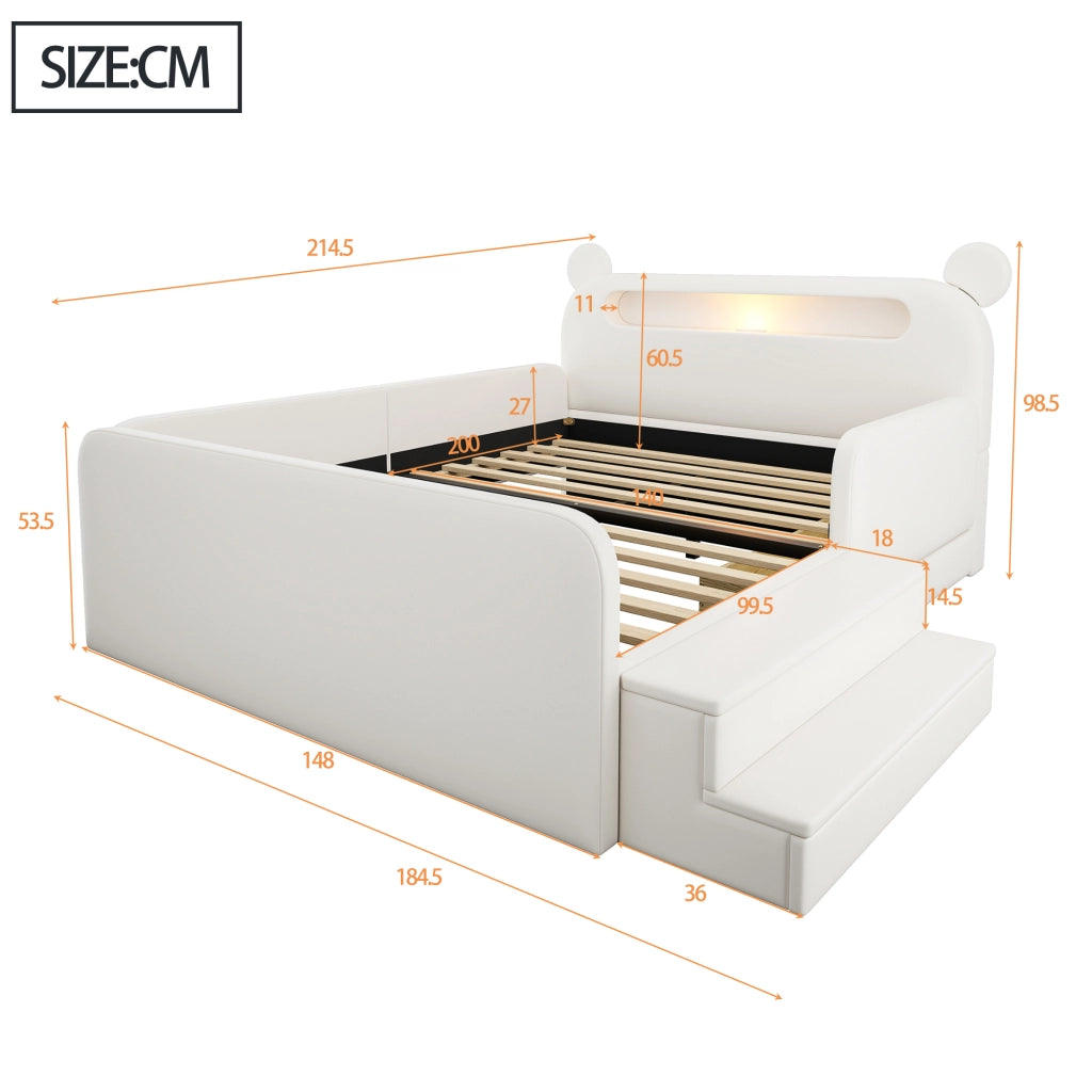 Letto imbottito per bambini 140x200 cm con testiera a orsetto; contenitore e luce; bianco