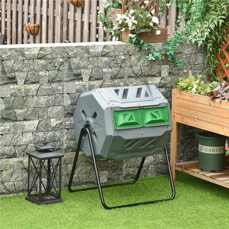 COMPOSTIERA DA GIARDINO GIREVOLE A 2 SEZIONI CON 8 PRESE D'ARIA IN ACCIAIO E PP 71X65X96 CM GRIGIO