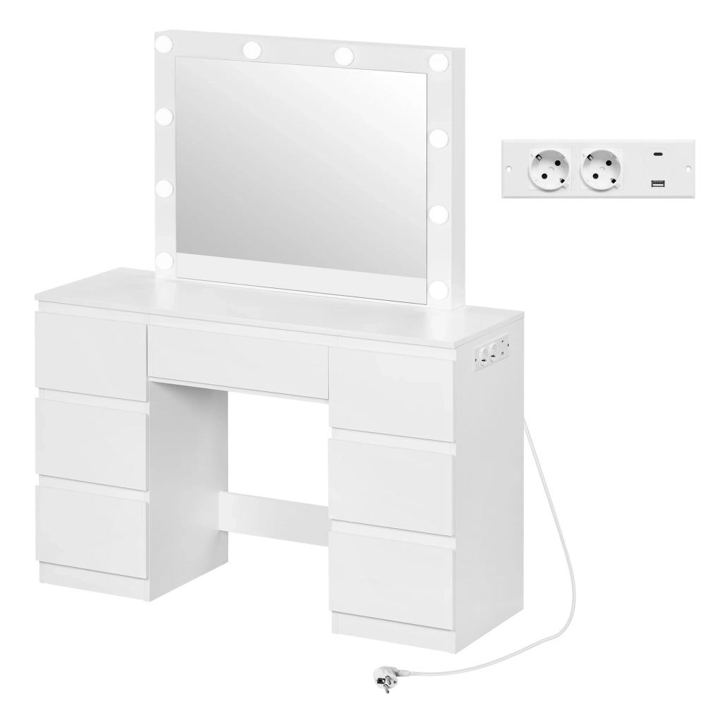 Toeletta con 7 cassetti; specchio LED dimmerabile e prese integrate per camera da letto; 110×39.5×140.5 cm