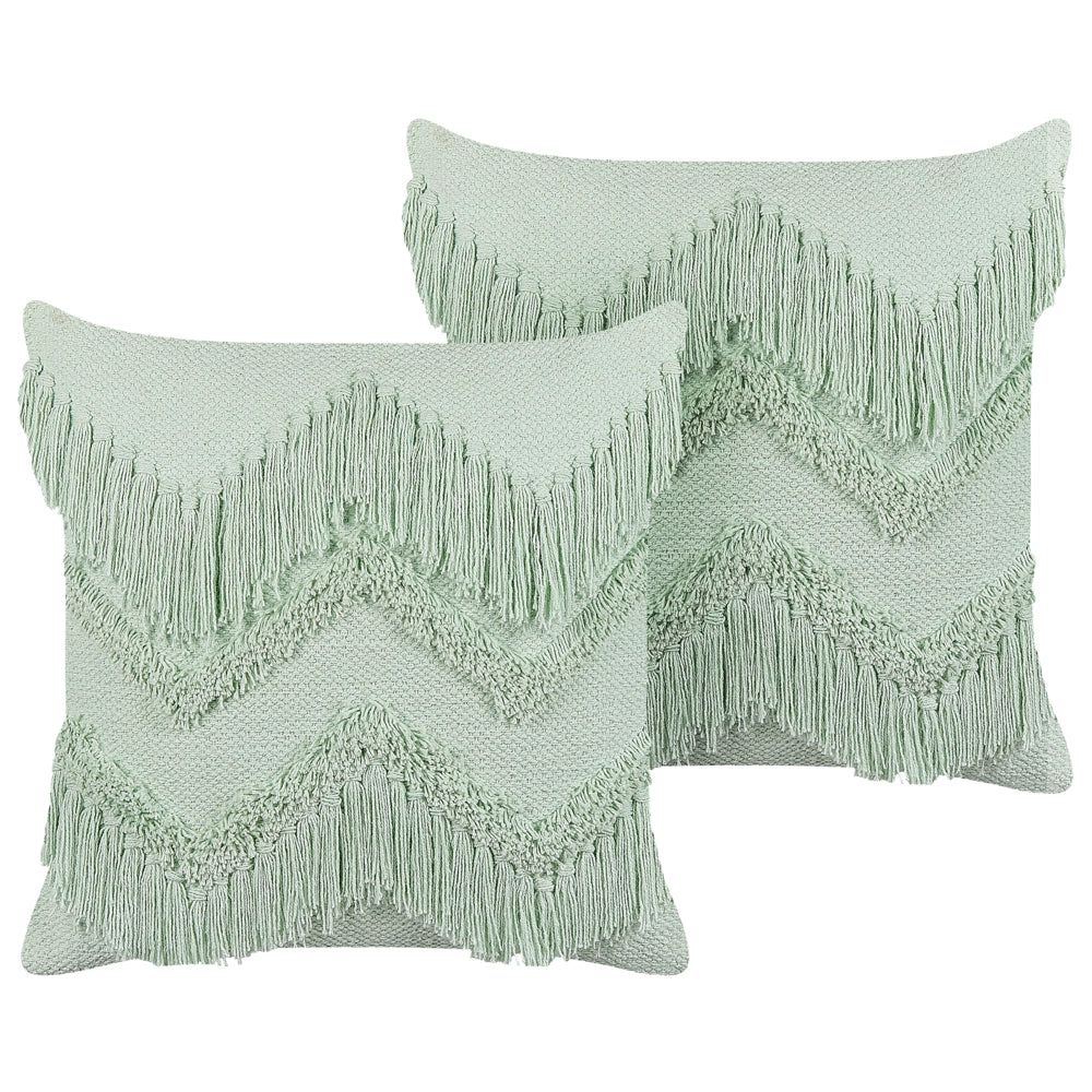Set di 2 cuscini decorativi in cotone verde chiaro 45 x 45 cm con nappe stile boho con imbottitura