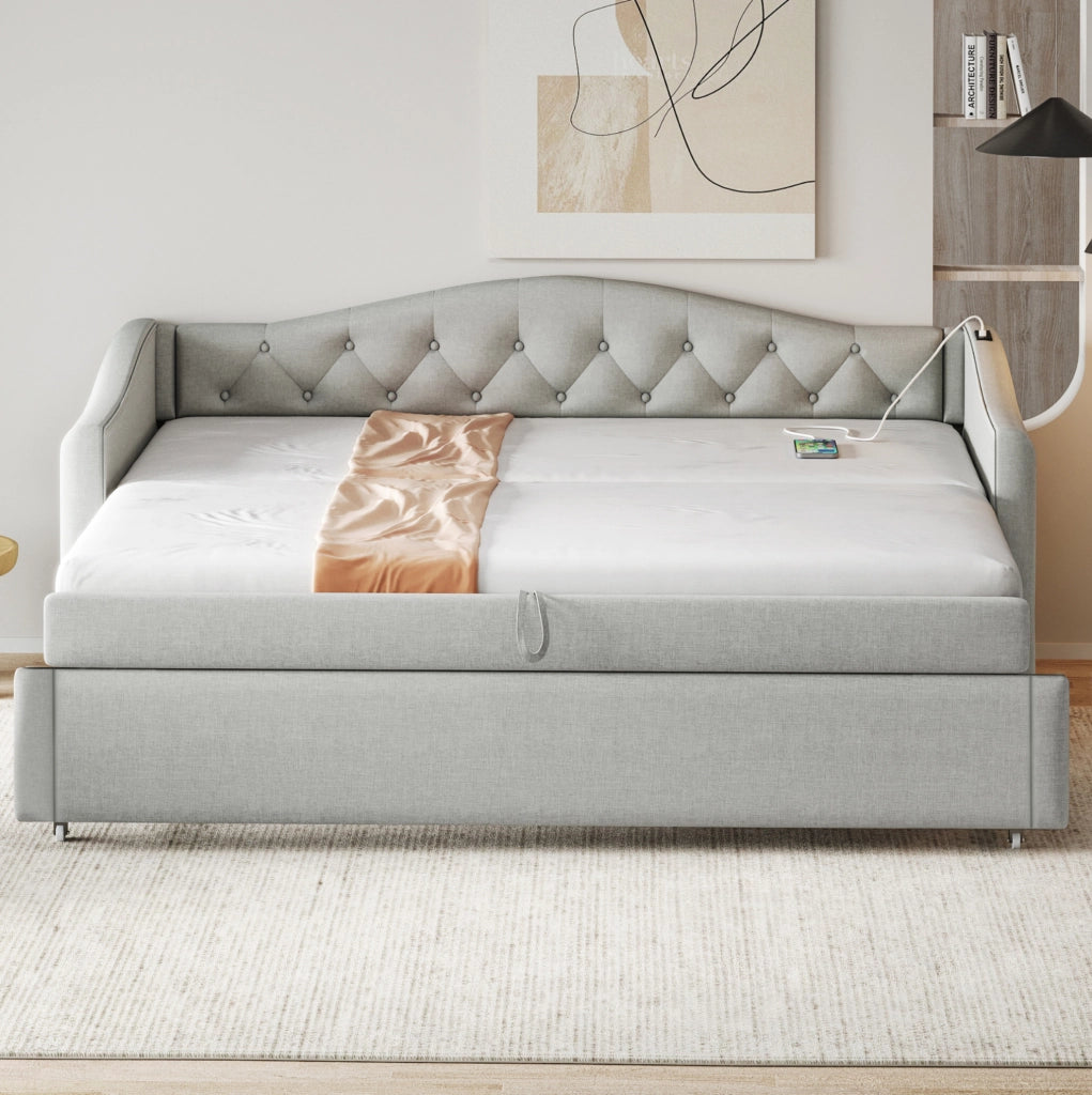 Letto imbottito 90x200 cm multifunzionale con USB in lino grigio