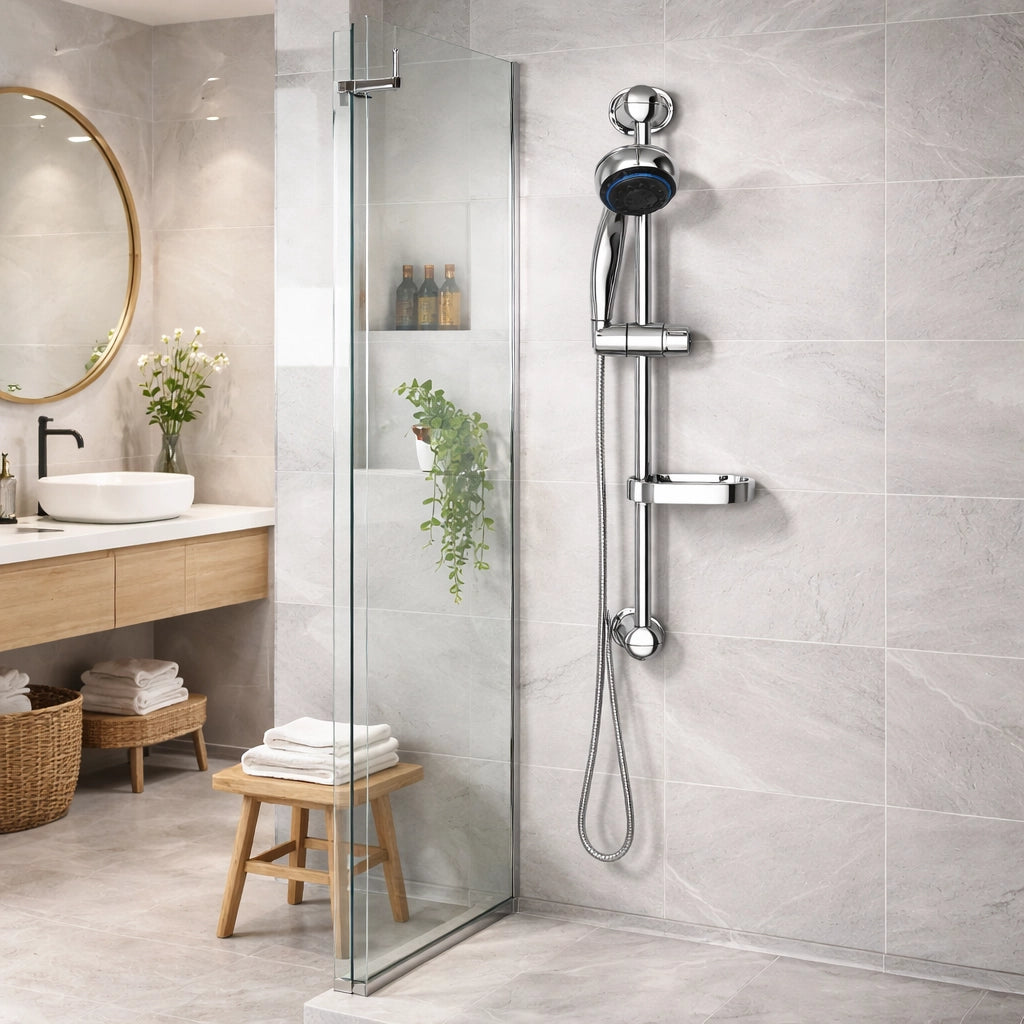 Saliscendi Doccia Cromato 60 cm con Soffione Multigetto e Portasapone 69130