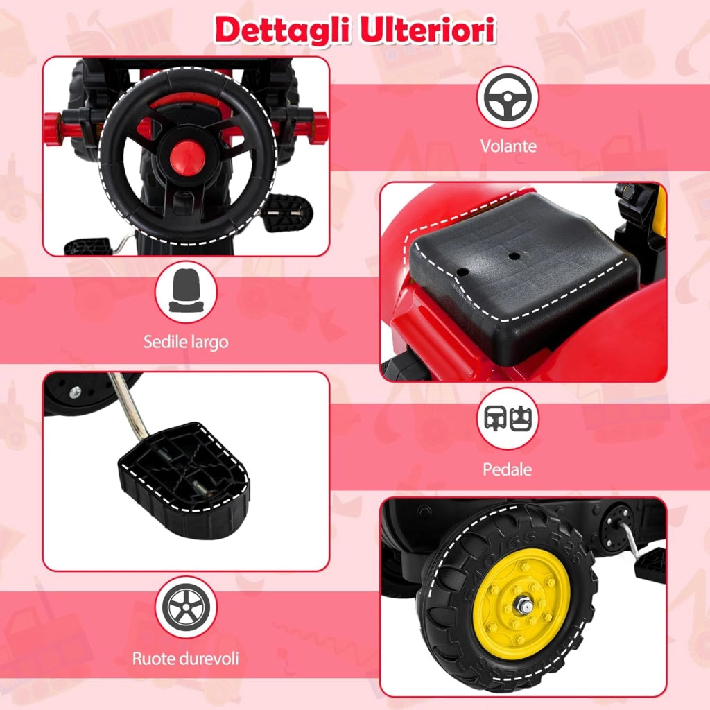 3 in 1 Escavatore per Bambini, Trattore con Rimorchio Staccabile Cavalcabile per Bambini, con 6 Ruote e 2 Benne, per 3-6 Anni (Rosso)