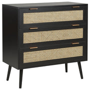 Cassettiera in rattan a 3 cassetti in legno di manifattura nero con cassetti frontali in rattan Credenza frontale in legno di gomma nero Gambe in stile Boho Soggiorno