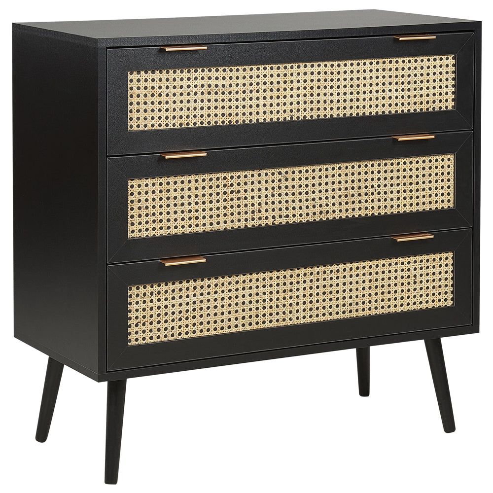 Cassettiera in rattan a 3 cassetti in legno di manifattura nero con cassetti frontali in rattan Credenza frontale in legno di gomma nero Gambe in stile Boho Soggiorno