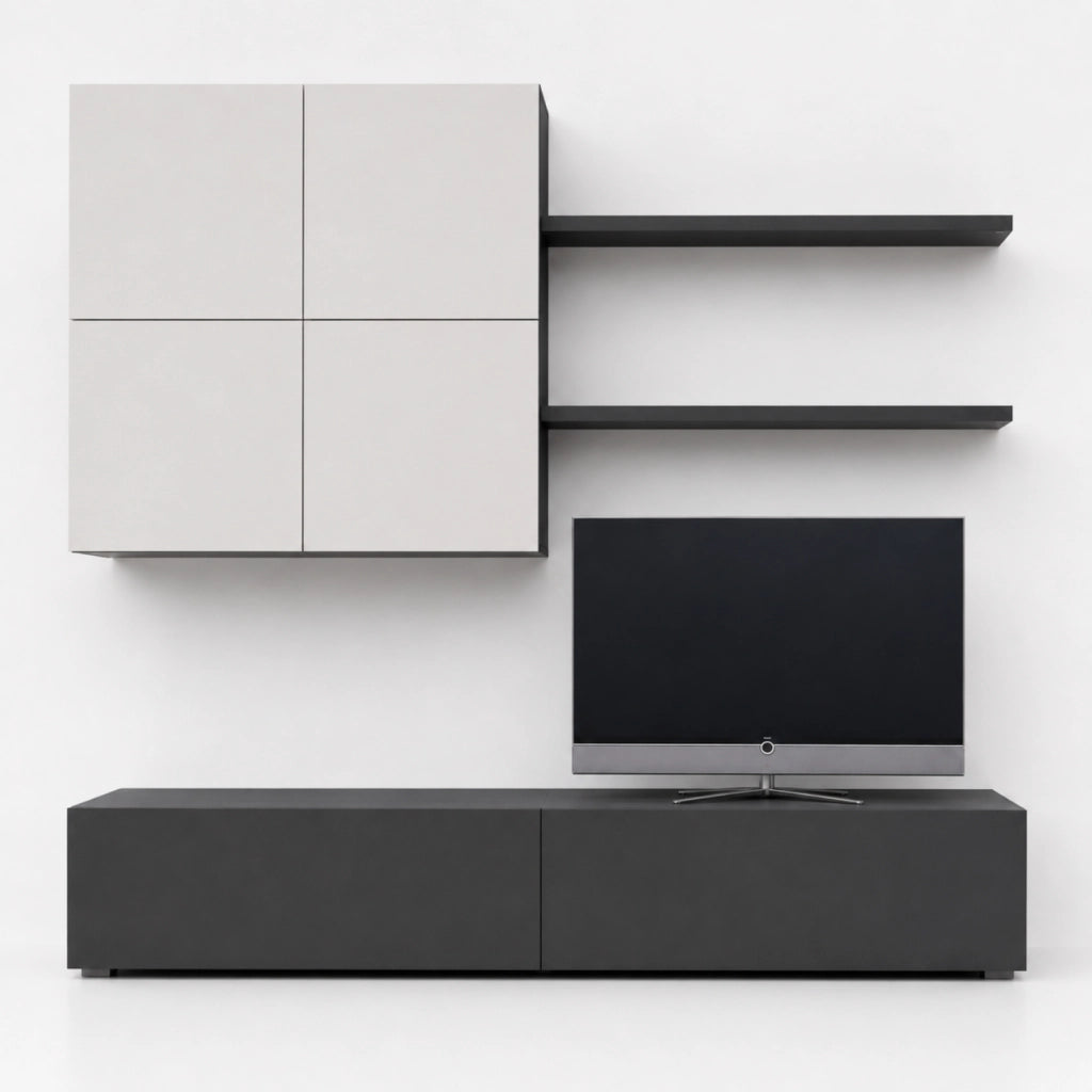 Mobile Soggiorno Parete Attrezzata Con Base TV 2 Ante Pensile 4 Ante E 2 Mensole Design Contemporaneo In Melaminico Facile Da Pulire 200 X 194 X 40 Cm Bianco E Grigio Grafite