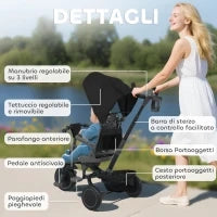 Triciclo per Bambini 6 in 1 con Maniglione di Spinta e Sedile Girevole, 111.5x52x98 cm, Nero