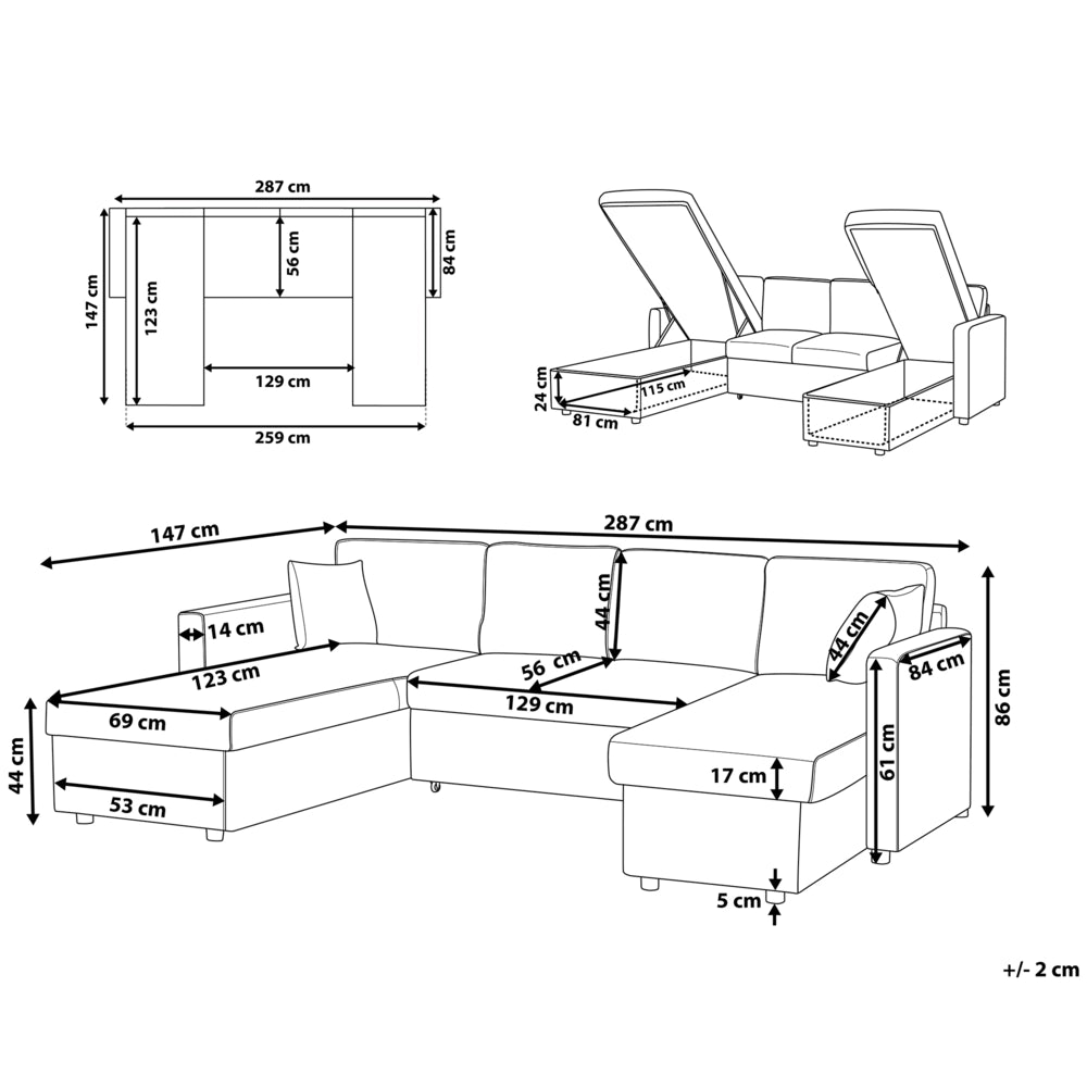 Divano letto ad angolo con rivestimento in tessuto beige a 5 posti a forma di U con contenitore