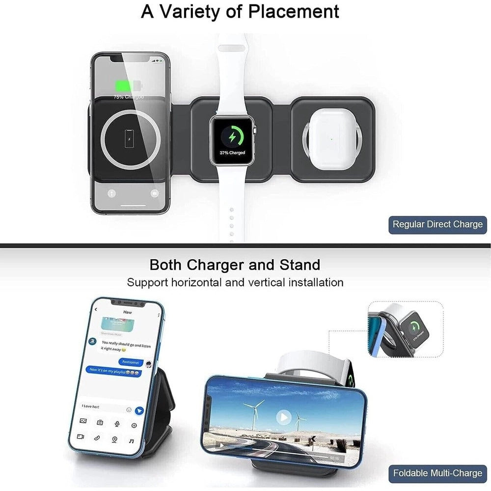 Trade Shop - Caricatore Wireless 3in1 Universale Caricabatterie Magnetico Pieghevole Da 15 W -