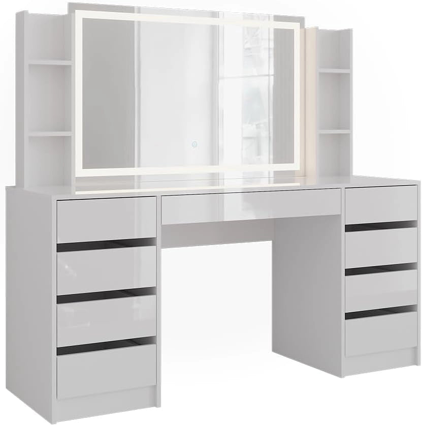 Tavolo da toeletta Sherry, Bianco/bianco lucido, 158.2 cm 4 parti, con illuminazione LED e specchio regolabile in altezza