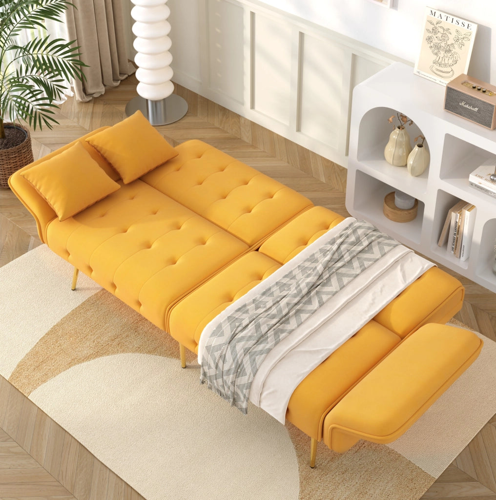 Divano letto a 2 posti convertibile con schienale e braccioli regolabili; 215x81;5 cm; velluto giallo