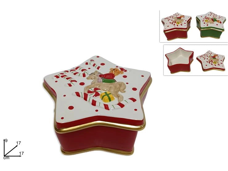 1 Pezzo Barattolo Stella Natale in Ceramica con Orso e Cavalluccio 17 cm 2 Colori