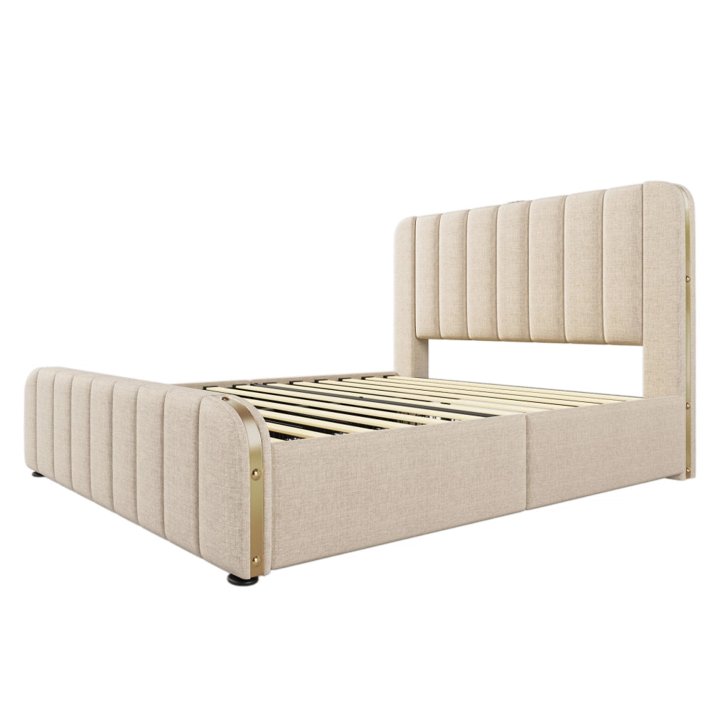 Letto matrimoniale 140x190 cm; testiera con ricarica USB e Type-C; lino e legno; beige (Senza materasso)