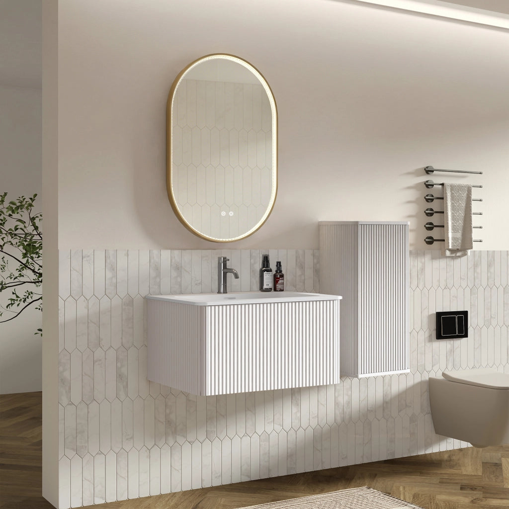 Mobile bagno sospeso con lavabo; colonna bagno e specchio con LED e funzione antiappannamento per bagno; bianco