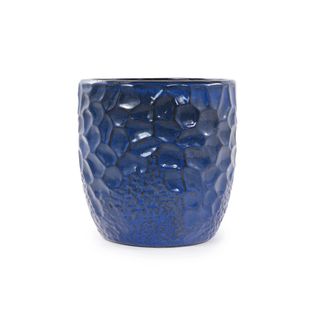 Fioriera a più livelli set di 4 vasi in ceramica smaltata con rilievo martellato blu navy per balcone e giardino