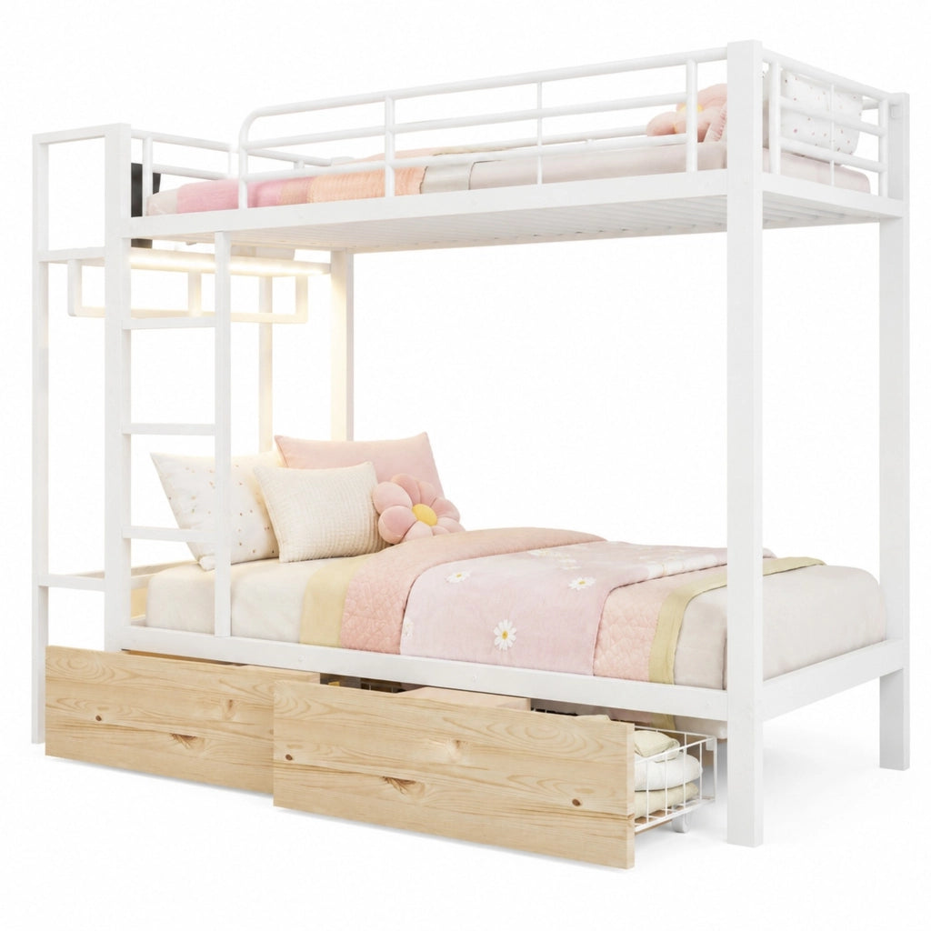 Letto a castello 90x200 cm con LED, 2 cassetti e vani portaoggetti