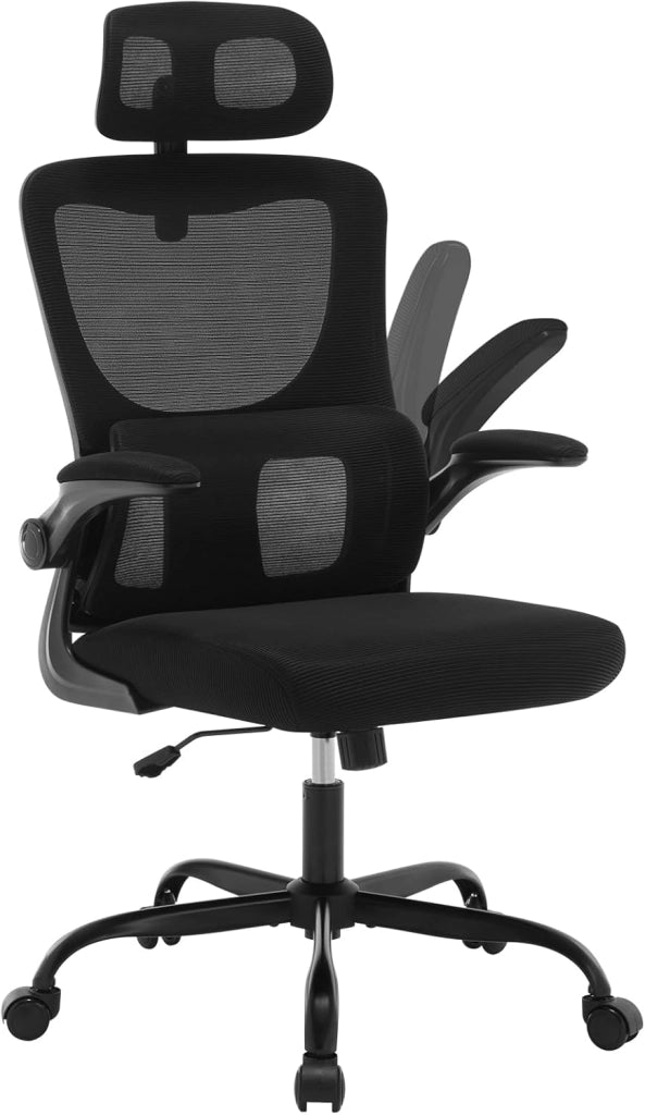Sedia Ufficio Ergonomica, Sedie Ufficio a Rete Traspirante, Con Supporto Lombare Adattativo a Forma Di C, Poggiatesta Regolabile, Braccioli Ribaltabili, per Scrivania, Casa, Nero