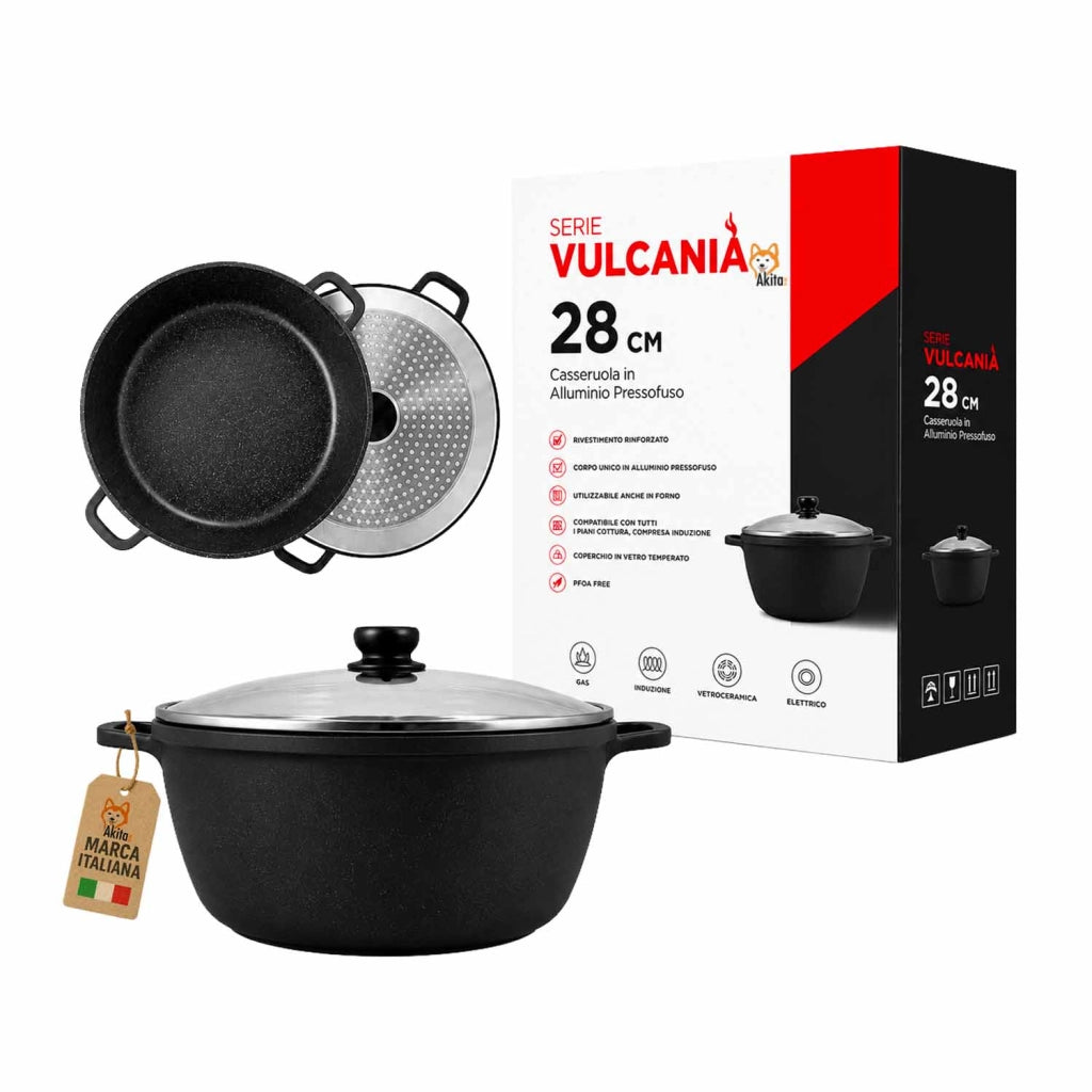 Akitaink Casseruola Alluminio Pressofuso Coperchio in Vetro 28 cm