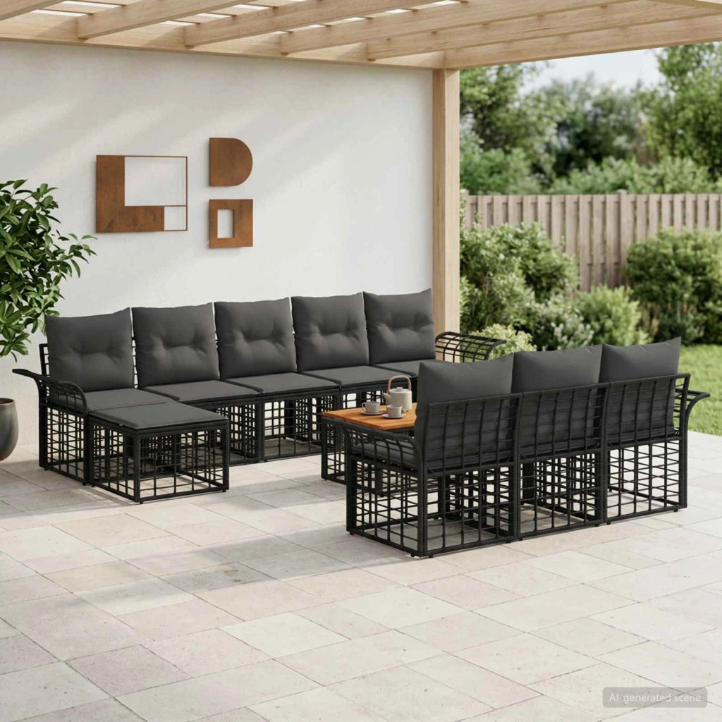 Set di divani da esterno 11 pz Nero e Grigio scuro Poliestere 3437779