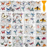 Sticker trasferibili 12 fogli - Poesia per animali - Disegni colorati farfalla/gallinella/libellula - Applicare con trasferimento - Sticker per mobili - 12 x 13 cm - Sticker decorativi