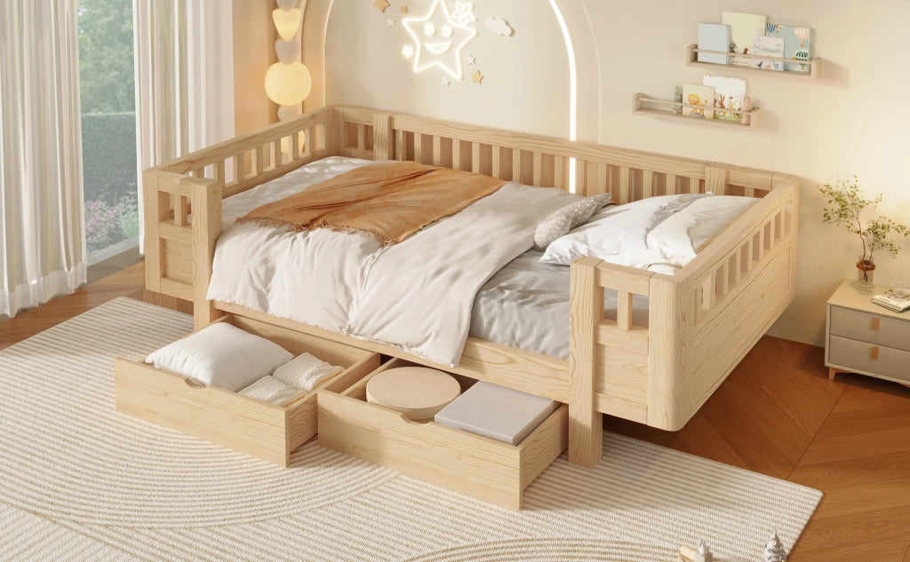 Letto a piattaforma con spondale di sicurezza e due cassetti, in legno, colore legno, per cameretta, 90 × 200 cm
