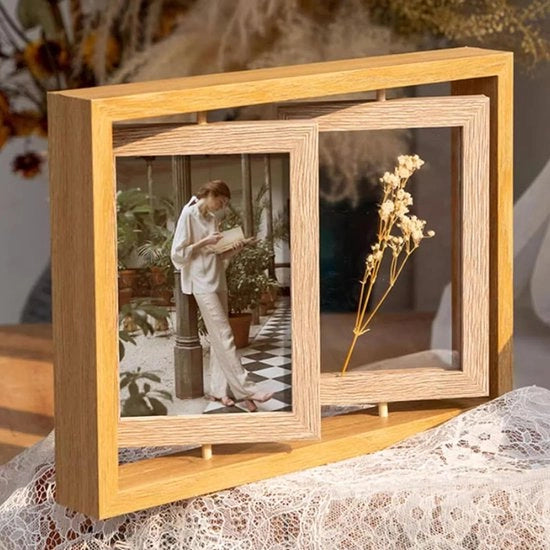 Collage Fotolijst a Doppia Faccia, Fotolijst Rotante in Vetro, Cornice in Legno, Orizzontale/Verticale, 4 Posizioni per Foto, Ideale per Ufficio, Casa, Decorazione