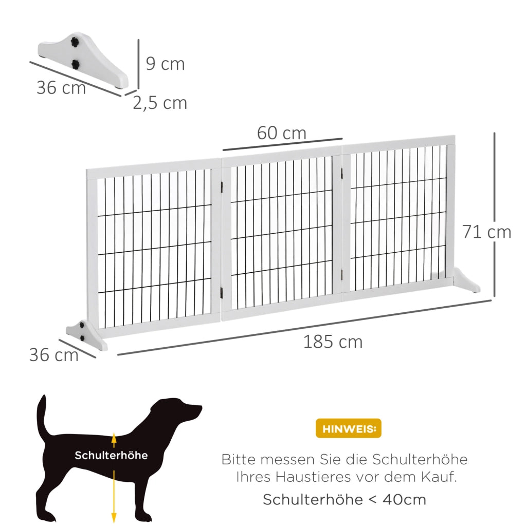Cancello di sicurezza per cani 185x36x71 cm pieghevole a 3 pannelli in legno bianco