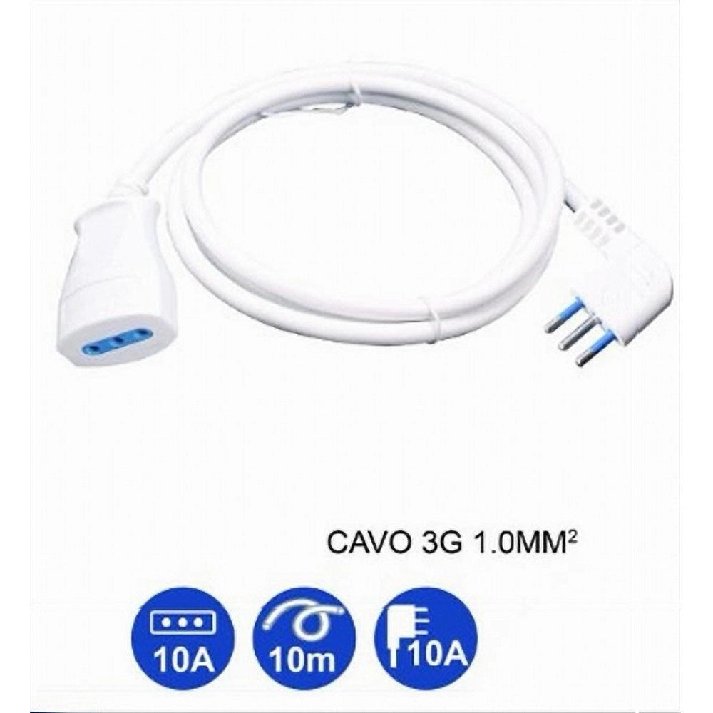Trade Shop - Prolunga Lineare Bianca 10 Mt Con Spina 10a 2p+t + Presa 10a 2p+t Cavo 90° 83272 -