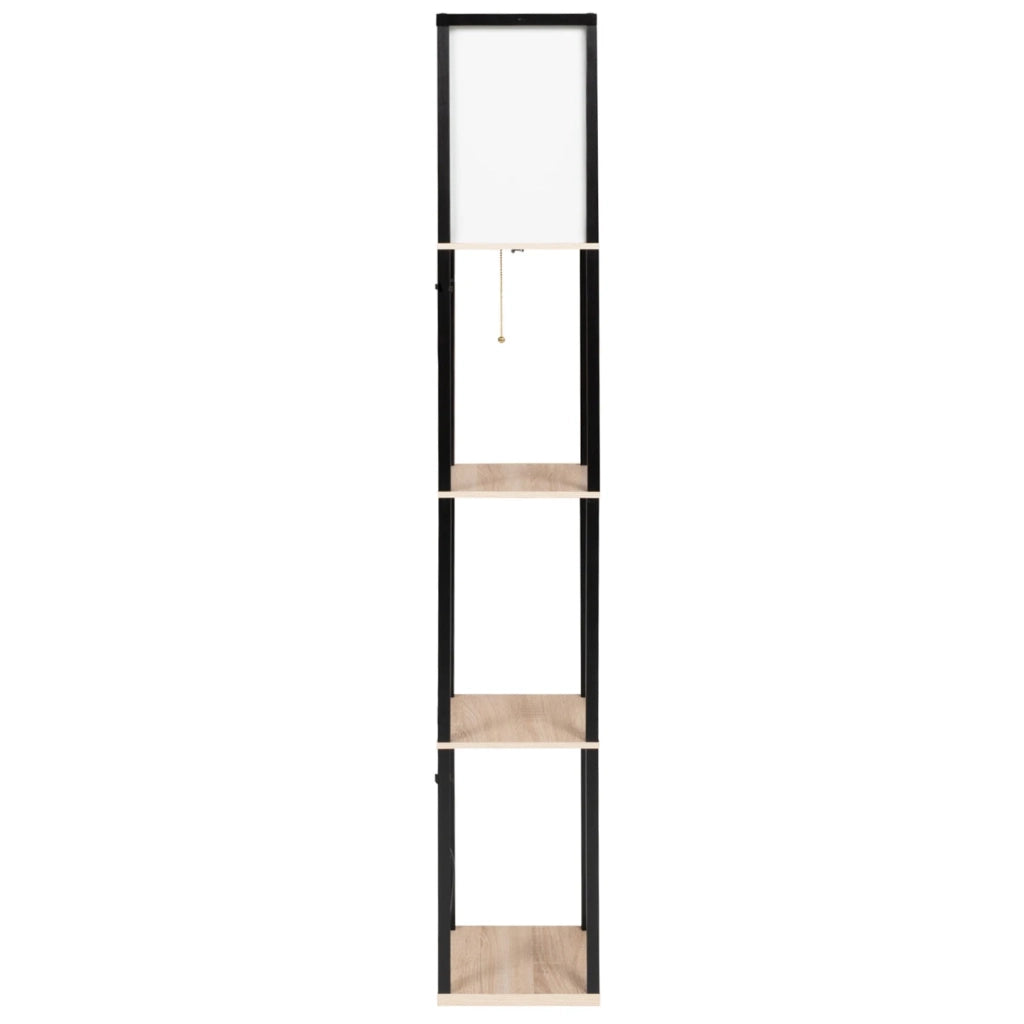 IDMarket - Lámpara de pie industrial de madera negra con estantes de madera clara y pantalla cuadrada blanca
