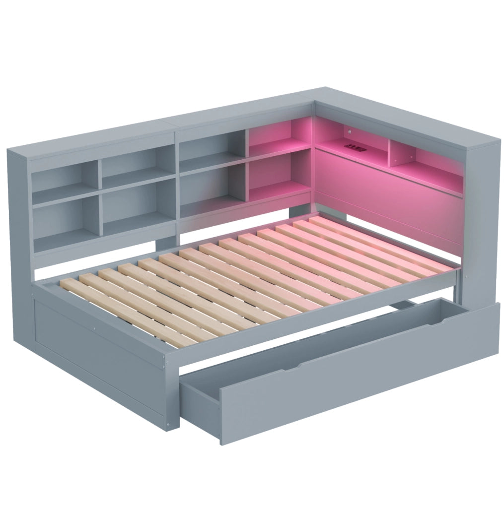 Letto matrimoniale multifunzione 140x200 cm in legno grigio con contenitori; USB e LED