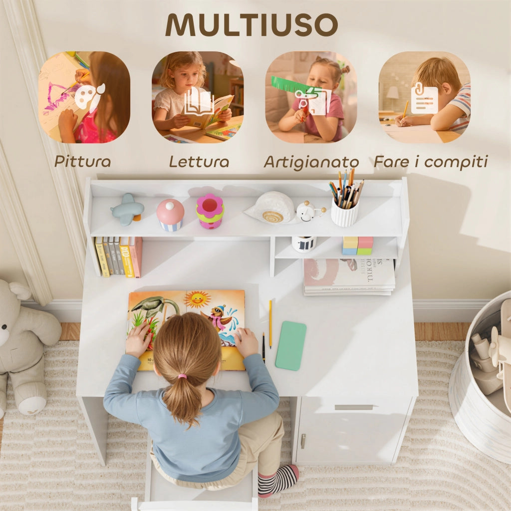 Scrivania Bambini con Scaffale, Cassetto e Sedia ¨C zephmum ¨C Bianco MDF