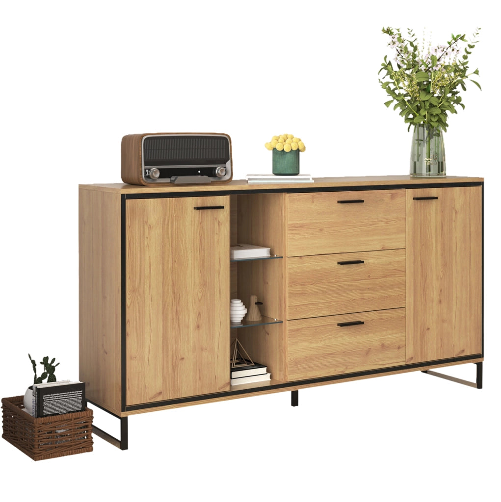 Sideboard moderno 160 cm con LED 16 colori, naturale e nero