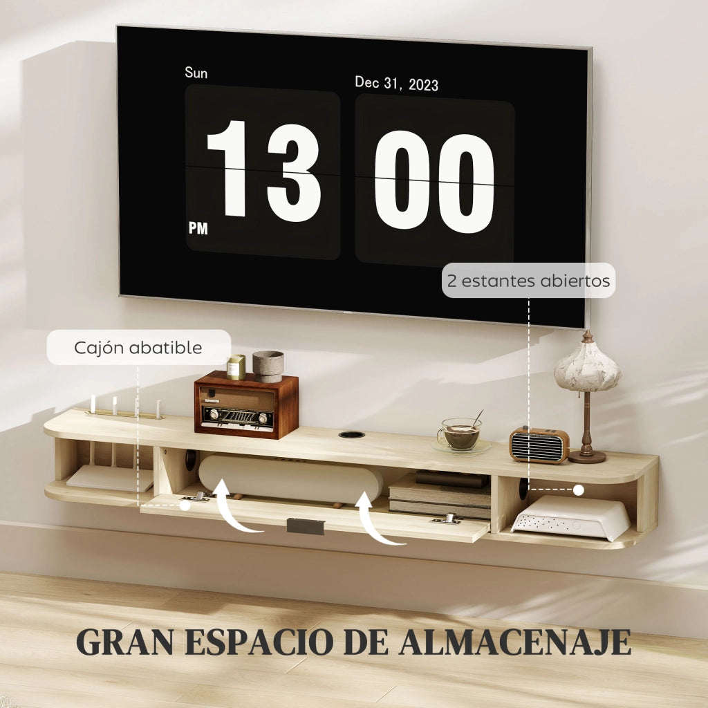 Mobile TV sospeso con cassetto e 2 ripiani ¨C Xylo ¨C Legno naturale 140x24x16 cm