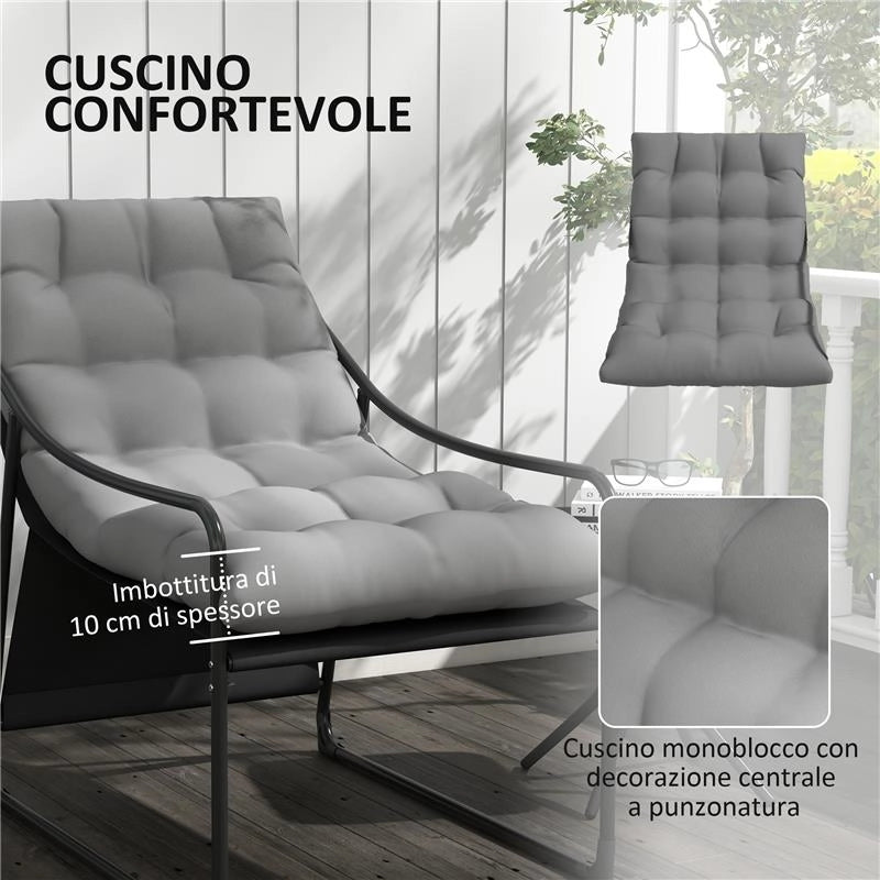 POLTRONA DA GIARDINO CON CUSCINO IMBOTTITO, IN ACCIAIO E POLIESTERE, 62X110X88 CM, GRIGIA E NERA