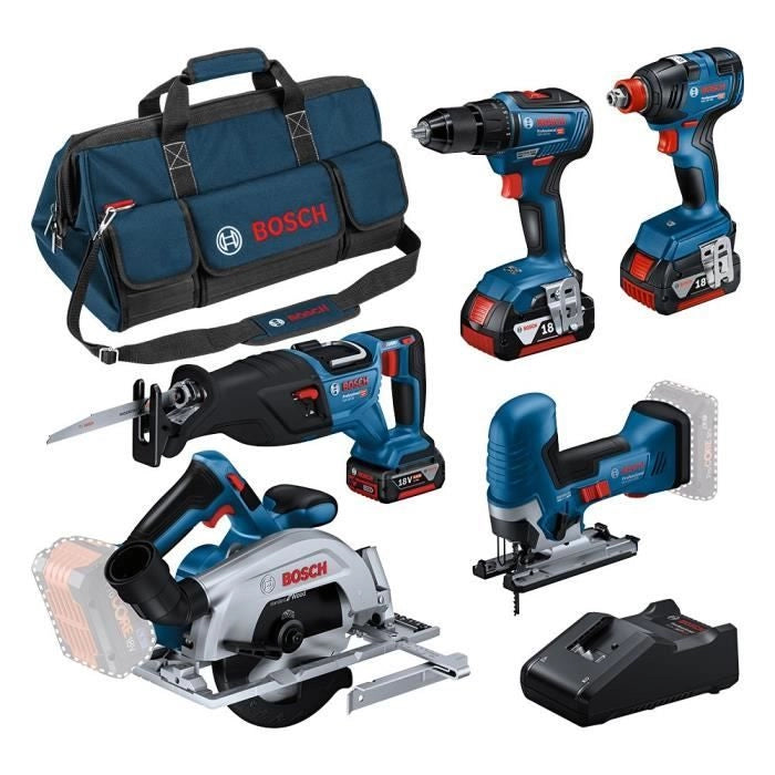 Confezione da 5 utensili: GSR 18V-55 + GST 18V-125 S + GKS 18V-57-2 + GSA 18V-28 + GDX 18V-200 + 3 batterie 4.0Ah + GAL 18V-40 + borsa L