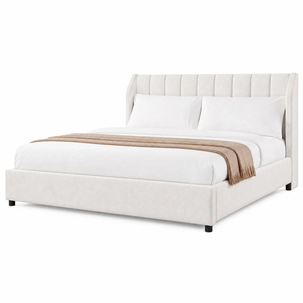 Letto imbottito 180 × 200 cm con rete a doghe testiera imbottita a righe verticali beige