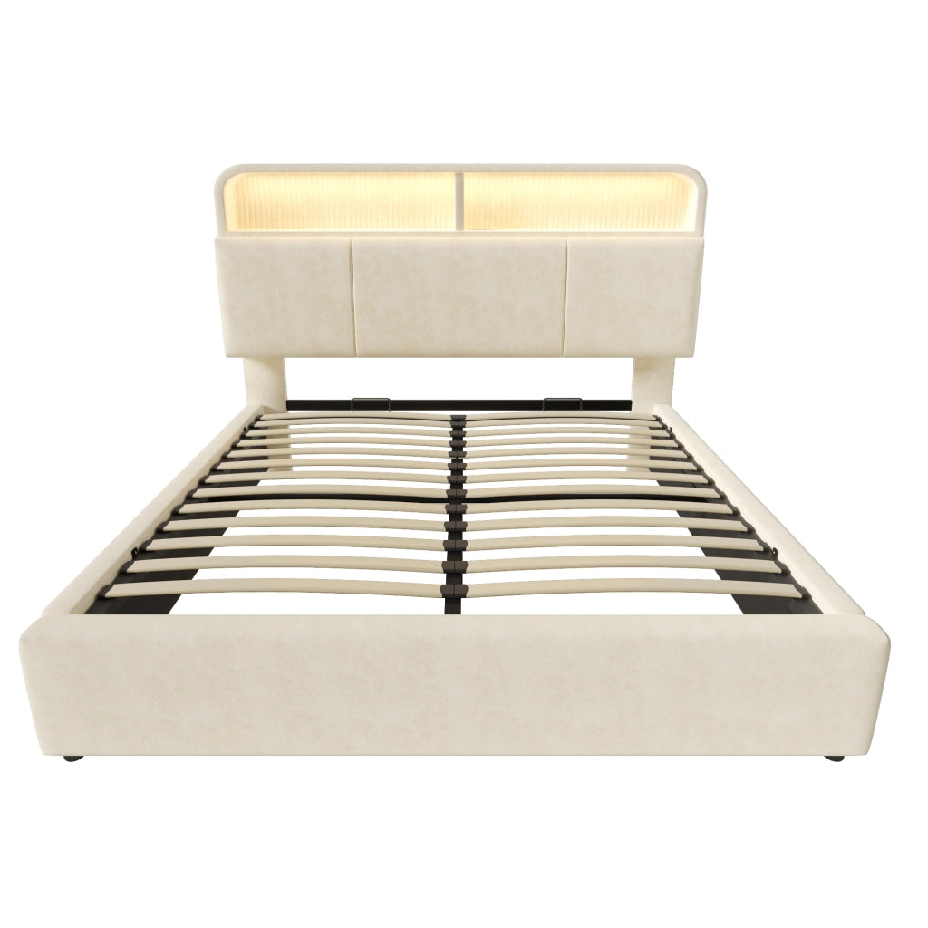 Letto contenitore matrimoniale 140x200 cm in velluto beige con testiera regolabile, LED, USB/Type-C e materasso
