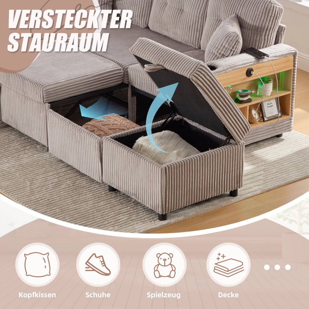 DIVANO LETTO 196 cm in tessuto corduroy grigio chiaro con USB-C e LED
