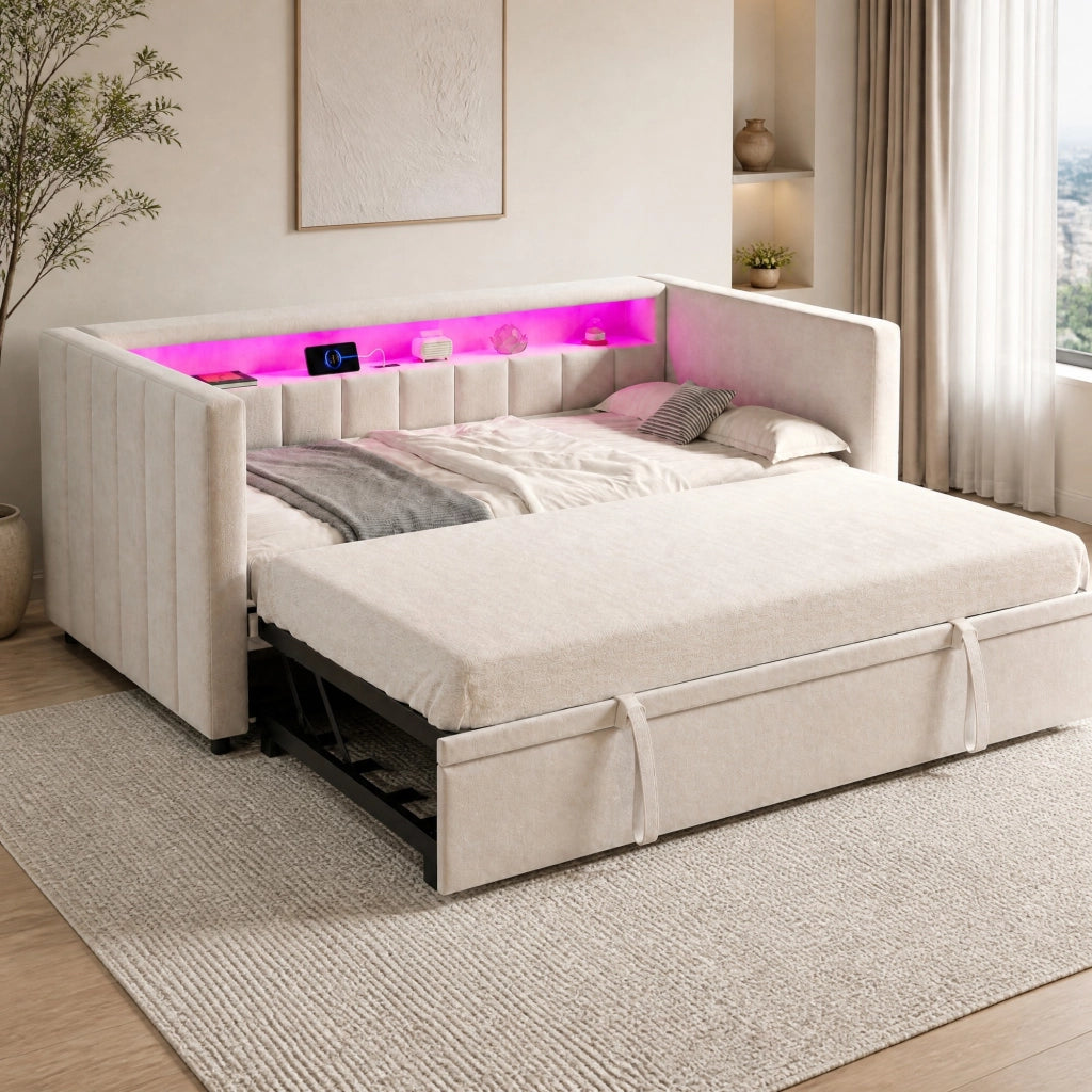Divano letto estraibile 90x190 cm in velluto beige con LED; USB Type-C e struttura legno-metallo