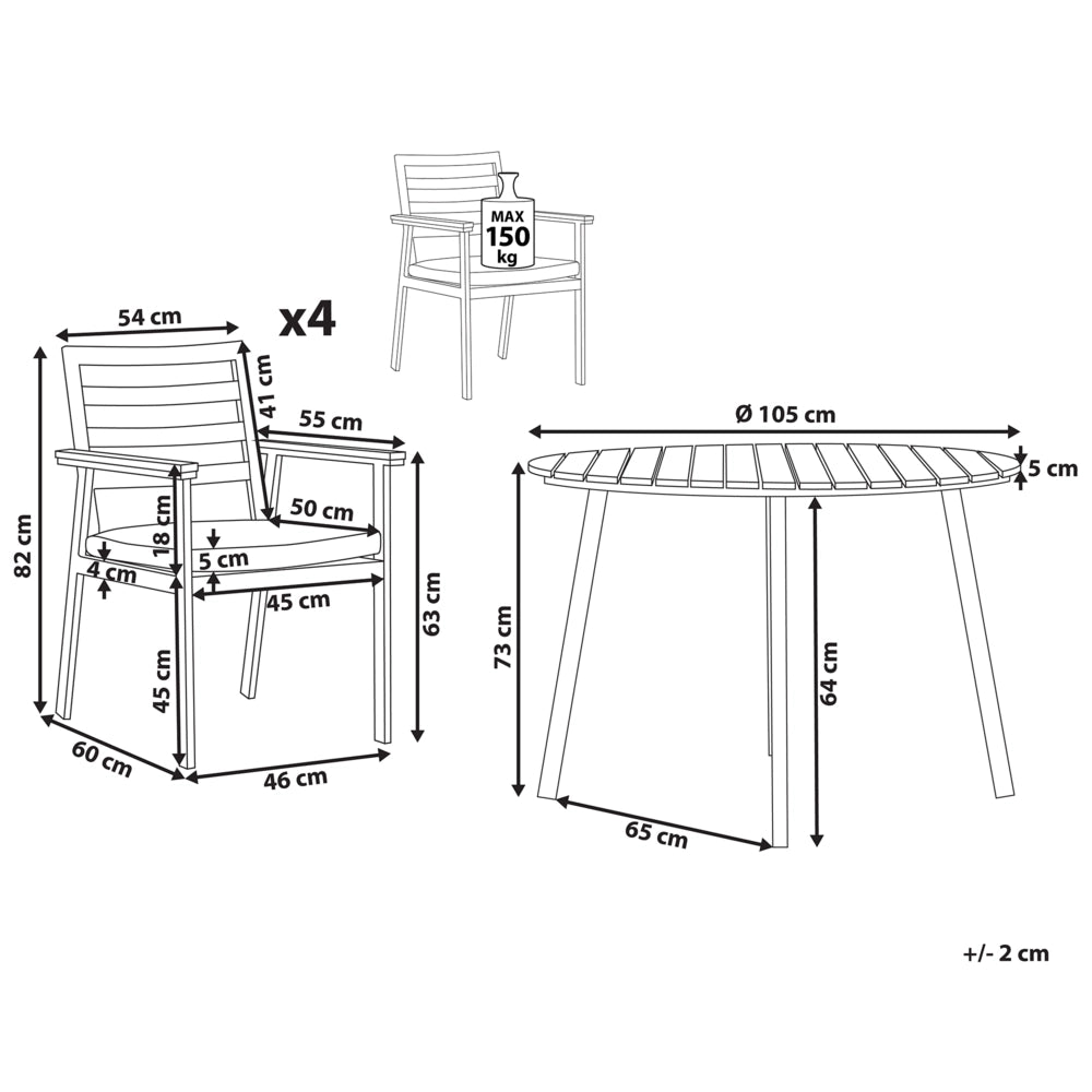 Set da pranzo all'aperto Tavolo rotondo a 4 posti in alluminio bianco da 105 cm Sedie a doghe con imbottiture per sedile beige