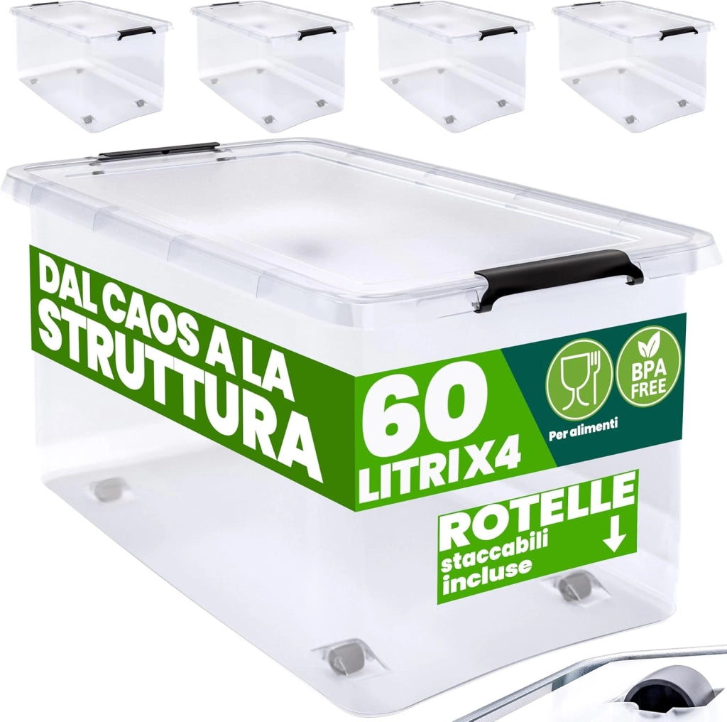 ® 4X 60L Scatole in Plastica Trasparente Senza BPA Contenitori con Coperchio Impilabili Ruote Cassette Salvaspazio