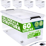 ® 4X 60L Scatole in Plastica Trasparente Senza BPA Contenitori con Coperchio Impilabili Ruote Cassette Salvaspazio