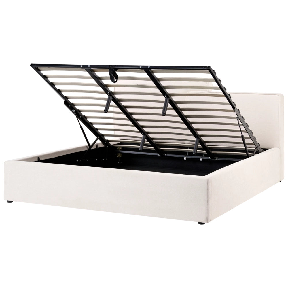 Letto contenitore imbottito in tessuto bianco sporco 180 x 200 cm testiera asimmetrica a gradini in stile scandinavo