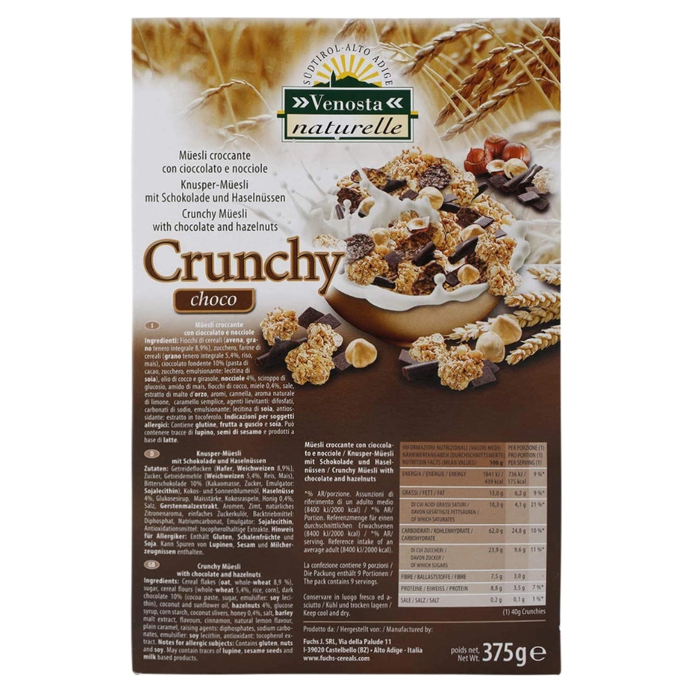 Venosta naturelle crunchy choco con cioccolato e nocciole confezione 375 grammi