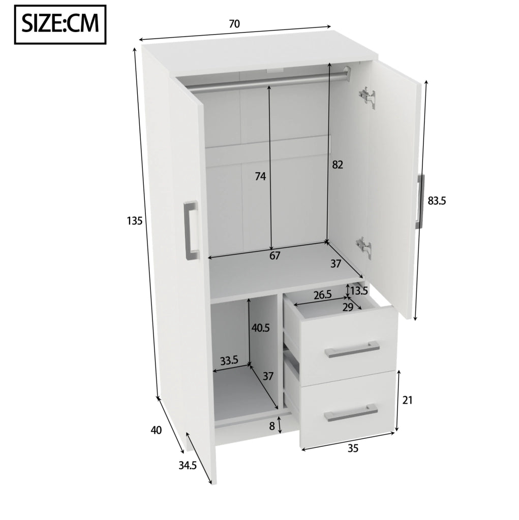 Armadio 70x40x135 cm con ante doppie e cassetti in legno bianco