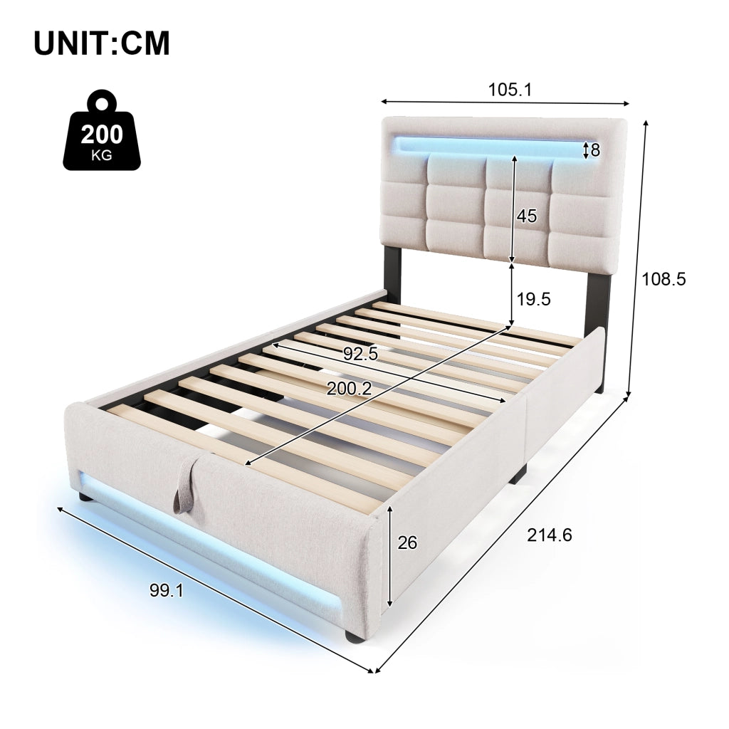 LETTO Contenitore 90x200 cm in lino Beige con APP, LED e USB