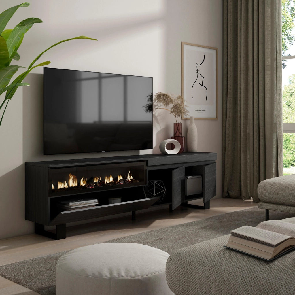 Mobile TV, 200x35x57cm, soggiorno, Per TV fino a 80", Camino elettrico, Design industriale, Nero RF2182