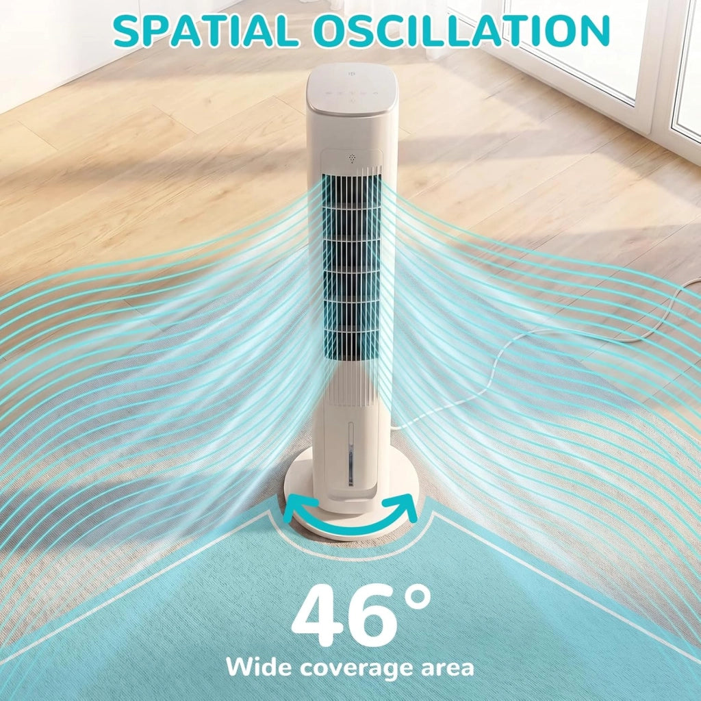 Ventilatore a torre, telecomando, climatizzatore a 3 livelli con raffreddamento ad acqua, oscillazione a 46°, timer 12 ore e modalità sleep, per ufficio/casa, silenzioso, 4 modalità di