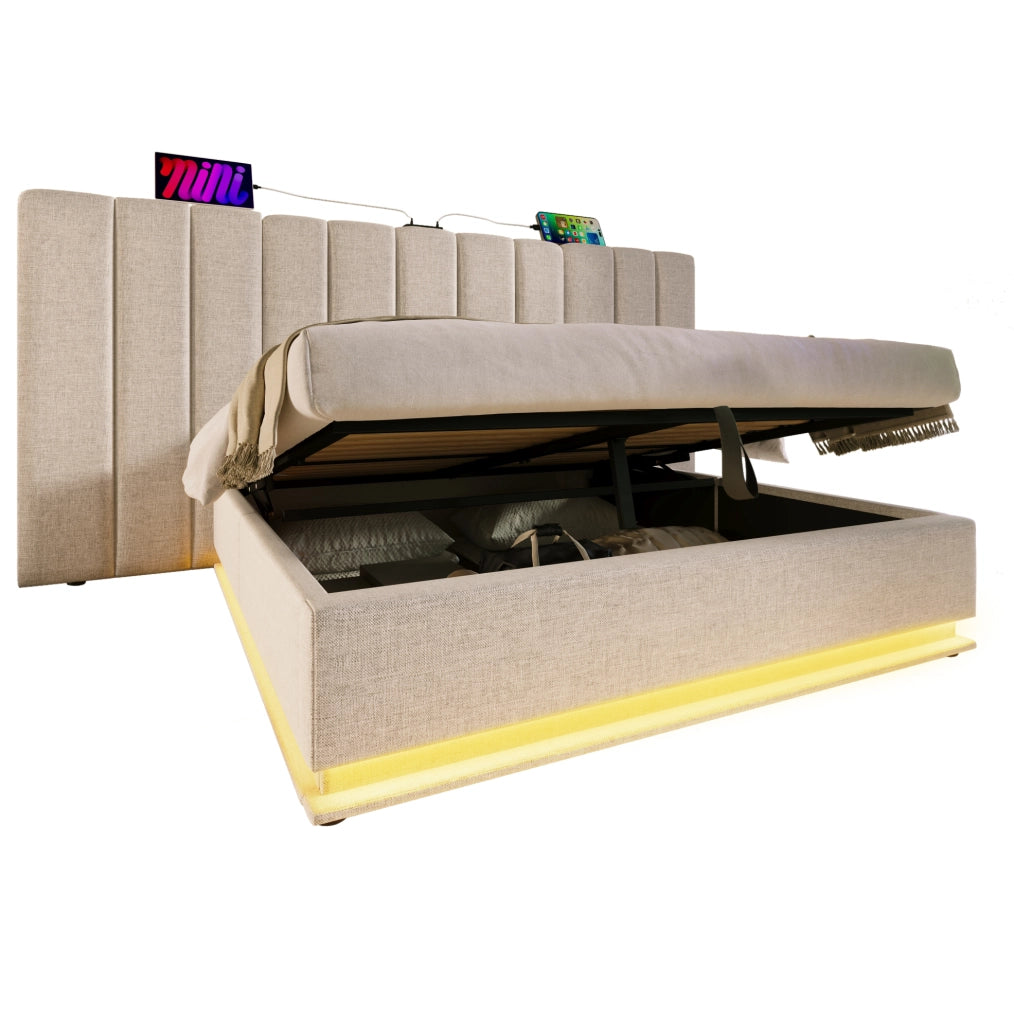 Letto matrimoniale 180x200 cm con contenitore; LED 360掳; USB e Type-C; beige in lino