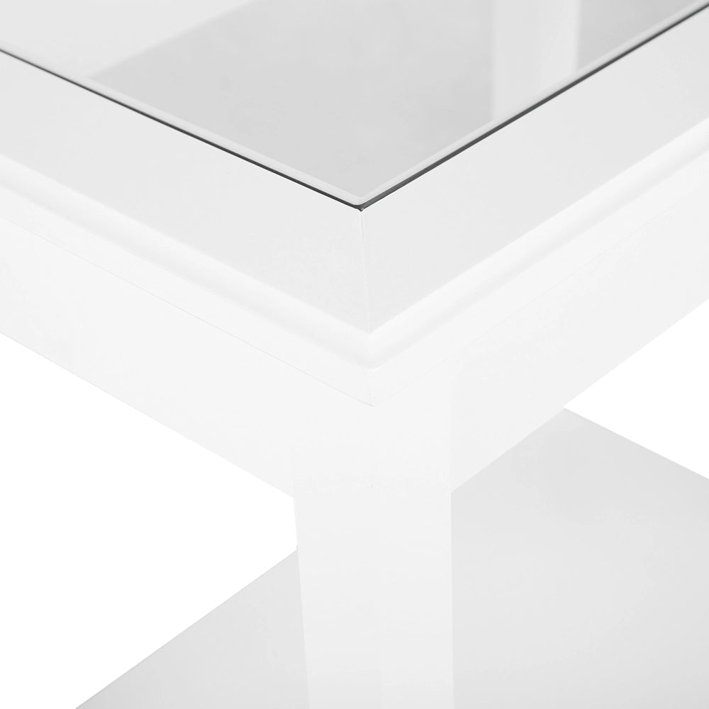 Tavolino in MDF bianco 60 x 57 x 40 cm con piano in vetro Comodino con un ripiano